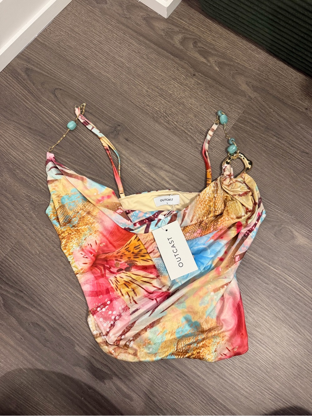 OUTCAST Multicolor Floral Satin Cowl Neck Women's Tank Top